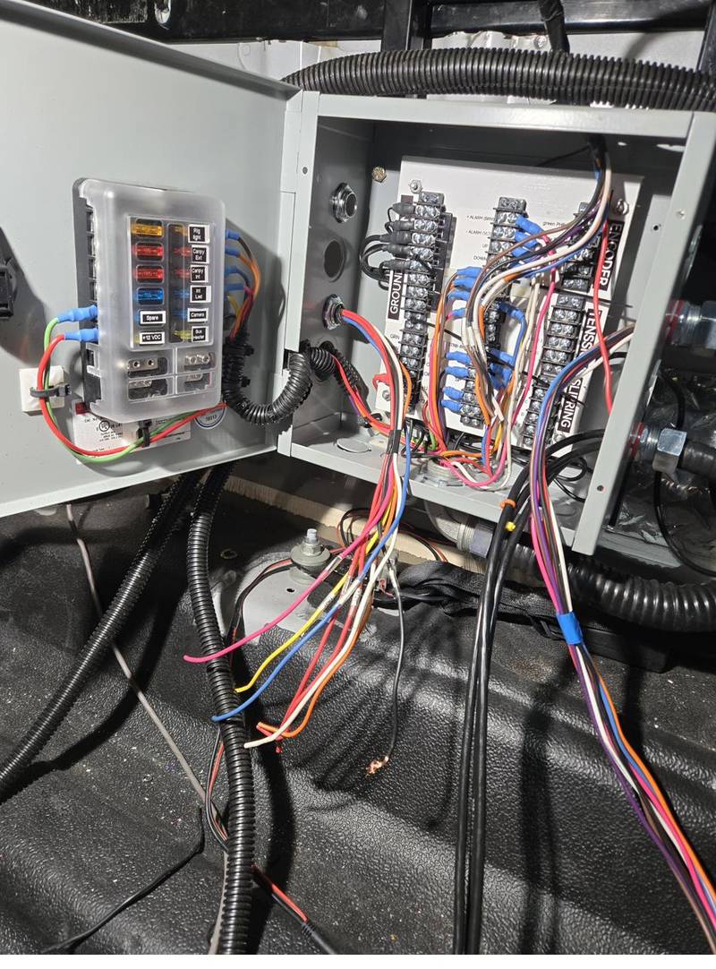 Control panel wiring in progress, terminal blocks and colour-coded leads